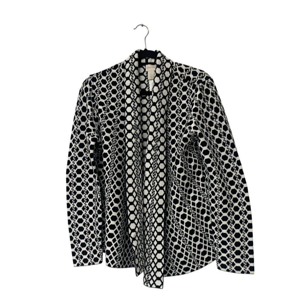 Chicos Womens Sweater Sz 2 M Black White Geometric Waterfall Open Front Cardigan